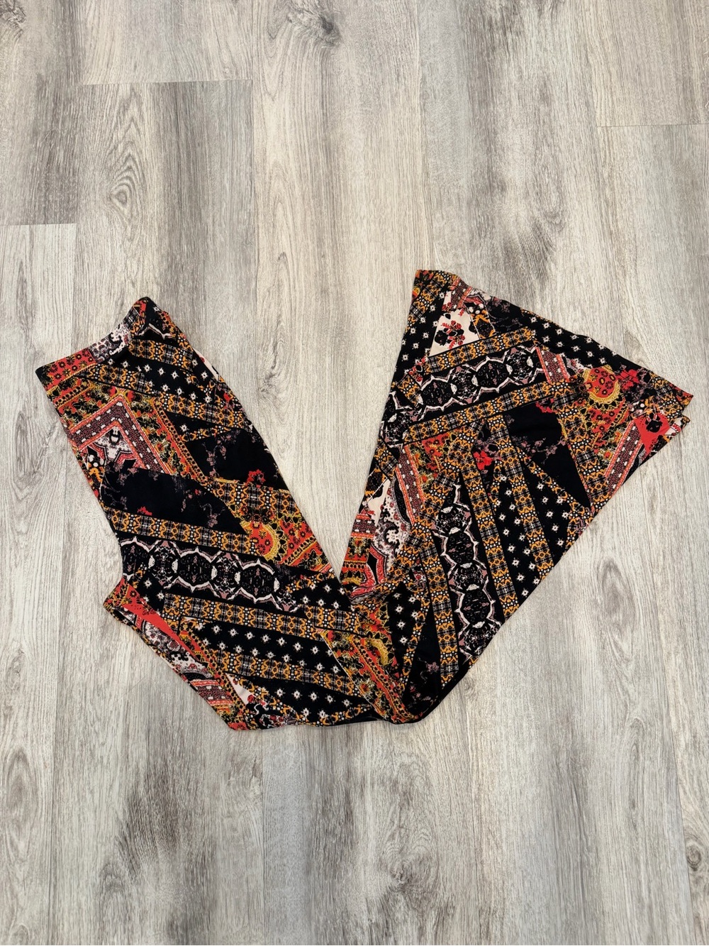 Free People XS Black Orange Boho Print Flare Pants Bell Bottoms